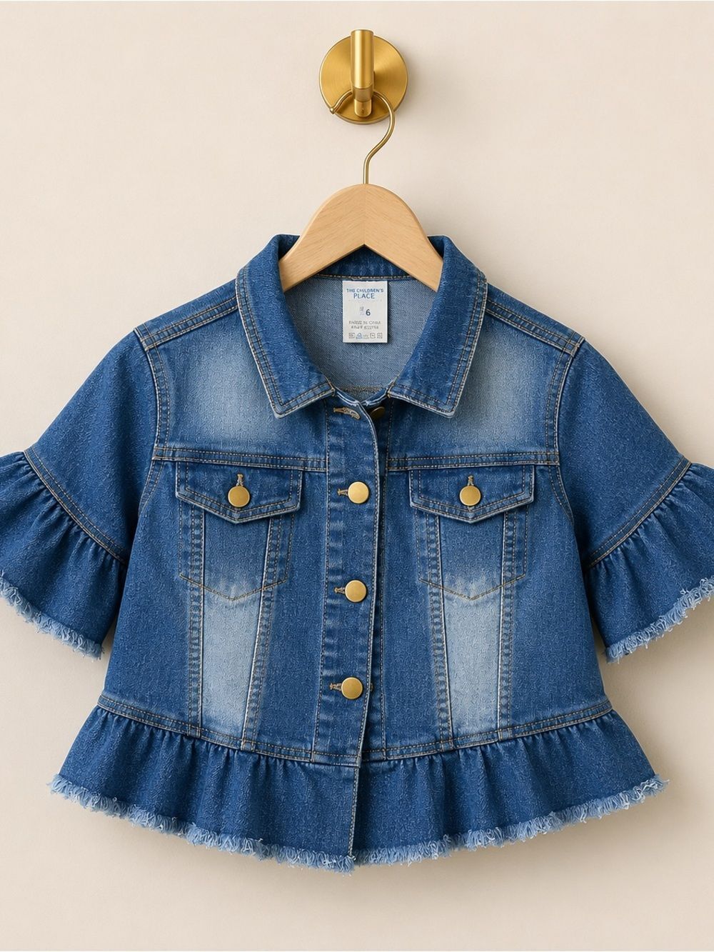 New Denim Ruffle Sleeve Peplum Jacket Women's Size Small Frayed Hem Button Front